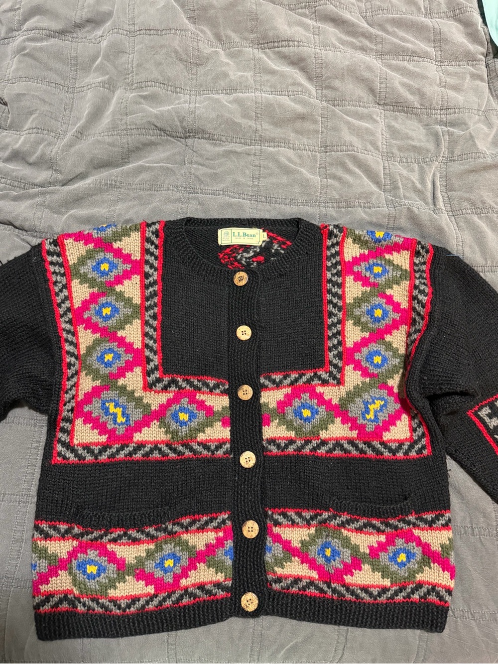 Vintage L.L. Bean Black Fair Isle Wool Cardigan with Pink & Blue Accents